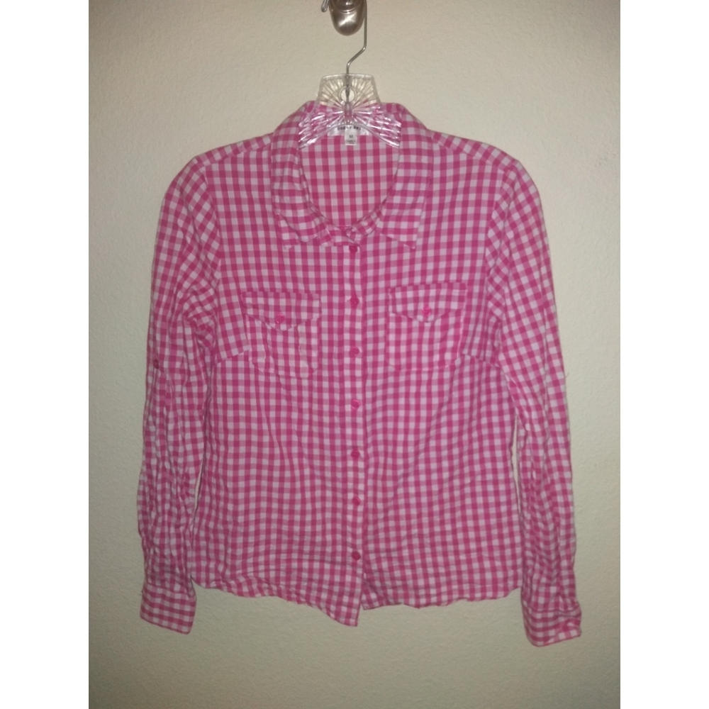 Sugar Rain Pink Gingham Checkered Tab Sleeve Shirt